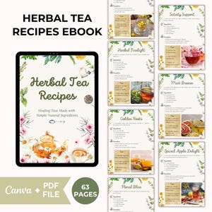 Pode incluir: Um ebook intitulado "Herbal Tea Recipes" com um tablet exibindo a capa. A capa apresenta uma chaleira, uma x&iacute;cara e detalhes florais. P&aacute;ginas adicionais mostram v&aacute;rias receitas de ch&aacute;, incluindo "Herbal Firelight" e "Mint Breeze". O ebook tem 63 p&aacute;ginas e foi criado com Canva.
