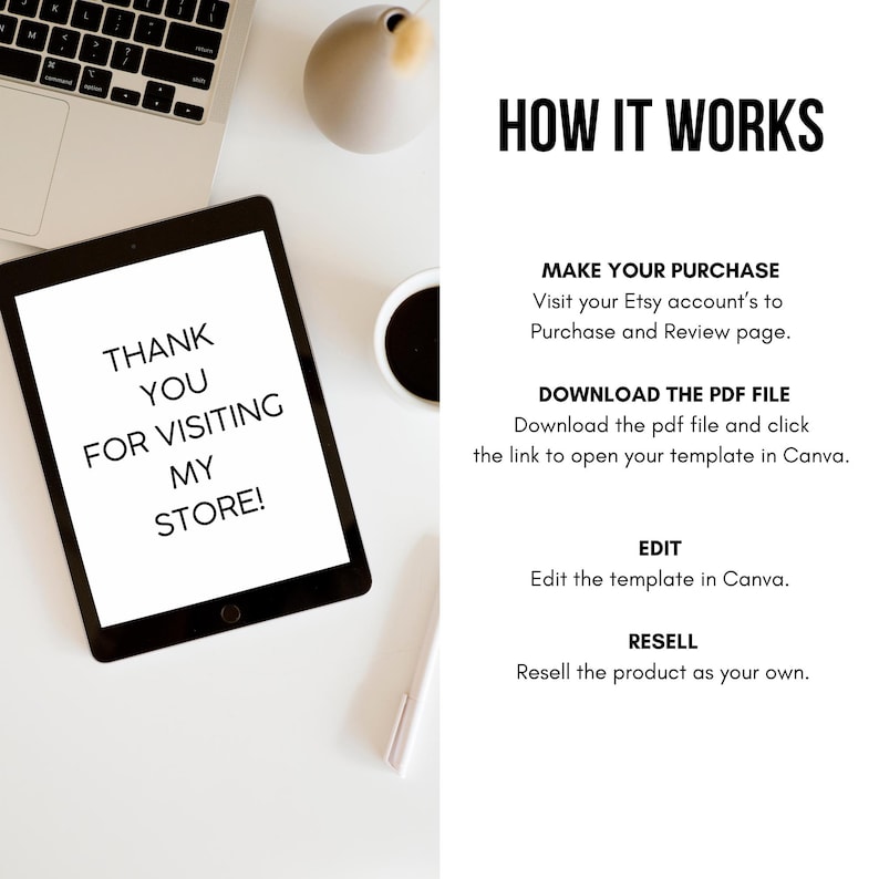 Peut inclure: Image d'un produit num&eacute;rique avec une tablette affichant "Thank You For Visiting My Store!". L'image comprend un ordinateur portable, une tasse &agrave; caf&eacute; et du texte expliquant comment acheter, t&eacute;l&eacute;charger, modifier et revendre un mod&egrave;le.