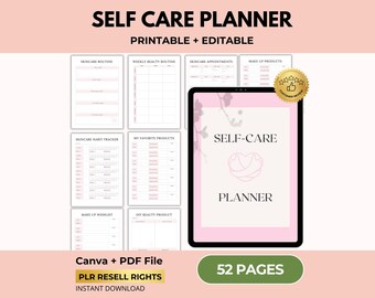 Planificador de autocuidado, cuidado de la piel y del cabello, seguimiento de belleza, diario de bienestar, Canva + PDF, derechos de reventa PLR