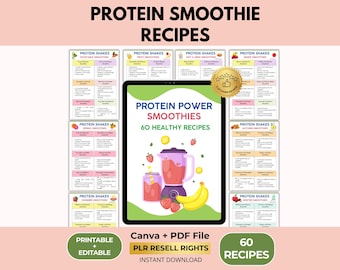 Recettes de smoothies protéinés, 60 mélanges sains faits maison, Canva + PDF, droits de revente PLR