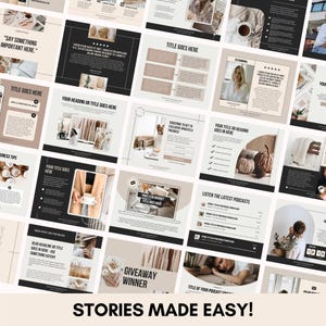 Peut inclure: Ensemble de mod&egrave;les de m&eacute;dias sociaux en beige, noir et blanc. Les mod&egrave;les pr&eacute;sentent des espaces r&eacute;serv&eacute;s pour le texte, des images et des &eacute;l&eacute;ments de conception pour divers types de contenu, y compris les articles de blog, les t&eacute;moignages et la promotion de podcasts. La phrase "STORIES MADE EASY!" est en bas.