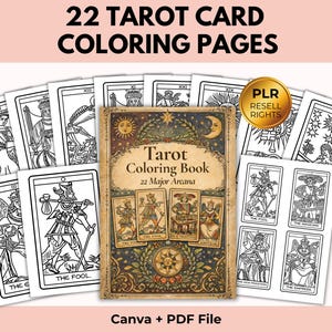 22 Major Arcana Tarot kleurplaten, vet en gemakkelijk kleurboek, PLR doorverkooprechten, canva + pdf