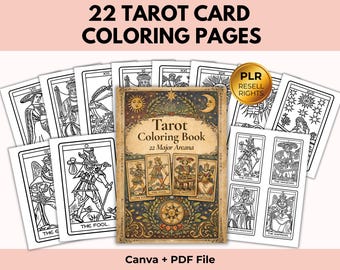 May include: A collection of 22 tarot card coloring pages. The central book is titled "Tarot Coloring Book" with "22 Major Arcana" text. The image includes the text "Canva + PDF File" and a gold seal that says "PLR Resell Rights".