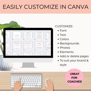 May include: A computer screen displaying a digital planner with a pink and gray color scheme. The planner is titled "Mindfulness Planner" and includes sections for daily journaling, affirmations, and gratitude. The text "EASILY CUSTOMIZE IN CANVA" is displayed at the top of the image. The text "CUSTOMIZE: Font, Text, Colors, Backgrounds, Photos, Elements, Add or delete pages, To suit your brand & style" is displayed on the right side of the image. The text "GREAT FOR COACHES!" is displayed in a pink circle at the bottom right of the image.