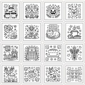 May include: A collection of black and white line art illustrations featuring autumn themes. Images include raccoons, a campfire, a jack-o'-lantern, a squirrel, a teapot, a scarecrow, a cat, a pot of food, a fireplace, a bed, bread, wheat, a deer, a mug, and ducks.
