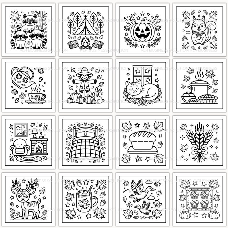 May include: A collection of black and white line art illustrations featuring autumn themes. Images include raccoons, a campfire, a jack-o'-lantern, a squirrel, a teapot, a scarecrow, a cat, a pot of food, a fireplace, a bed, bread, wheat, a deer, a mug, and ducks.