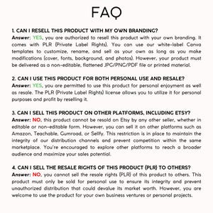 May include: A FAQ page with four questions and answers about reselling a product with private label rights. The questions address branding, personal use, selling on other platforms, and reselling the rights.