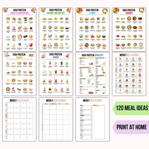 K&ouml;nnte beinhalten: Ein druckbarer Meal Planner mit 120 Ideen f&uuml;r proteinreiche Mahlzeiten, darunter Fr&uuml;hst&uuml;ck, Mittagessen, Abendessen, Snacks und Getr&auml;nke. Der Planer enth&auml;lt eine Einkaufsliste und w&ouml;chentliche Meal Planner-Seiten.
