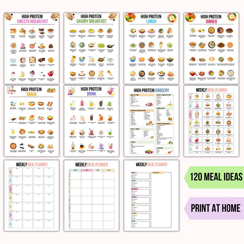 K&ouml;nnte beinhalten: Ein druckbarer Meal Planner mit 120 Ideen f&uuml;r proteinreiche Mahlzeiten, darunter Fr&uuml;hst&uuml;ck, Mittagessen, Abendessen, Snacks und Getr&auml;nke. Der Planer enth&auml;lt eine Einkaufsliste und w&ouml;chentliche Meal Planner-Seiten.