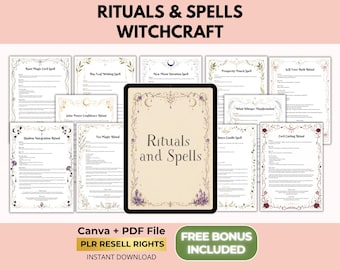 Rituals and Spells Witchcraft, Grimoire Pages, Book of Shadows, Canva + PDF, PLR Resell Rights