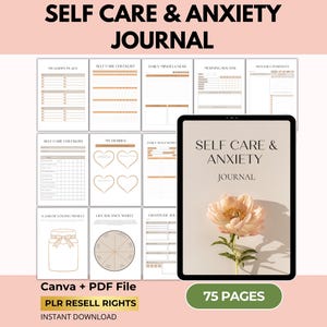Zelfzorg- en angstdagboek, 75 pagina's, Mindfulness-werkboek, Geestelijke gezondheid, CGT, Canva + pdf, PLR