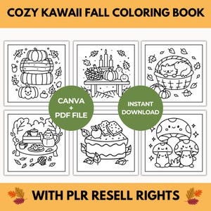 Op de afbeelding: Een zwart-wit kleurboek met de tekst "COZY KAWAII FALL COLORING BOOK" bovenaan. Het boek bevat zes panelen met herfstthema-illustraties, waaronder pompoenen, een kat in een mand en paddenstoelen. De tekst "CANVA + PDF FILE" en "INSTANT DOWNLOAD" zijn ook aanwezig.