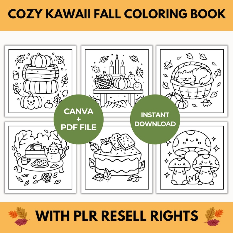 Op de afbeelding: Een zwart-wit kleurboek met de tekst "COZY KAWAII FALL COLORING BOOK" bovenaan. Het boek bevat zes panelen met herfstthema-illustraties, waaronder pompoenen, een kat in een mand en paddenstoelen. De tekst "CANVA + PDF FILE" en "INSTANT DOWNLOAD" zijn ook aanwezig.