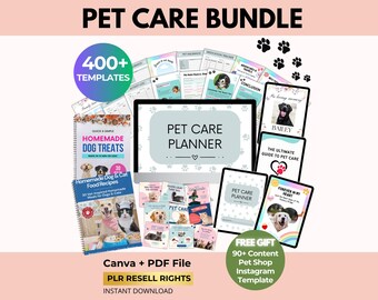 Pet Care Bundle with PLR Resell Rights, Pet Planner, Recipe Ebook, Memory Book, Health and Nutrition Guide, Canva + PDF