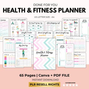 Digitale planner gezondheid en fitness met PLR-wederverkooprechten, fitnessdagboek, dagboek voor gewichtsverlies, maaltijdplanner, trainingtrackers, canva + pdf
