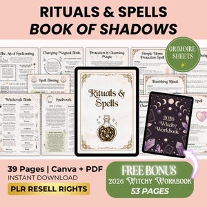 May include: Digital download of a "Rituals & Spells Book of Shadows" with 39 pages, including a free 2026 Witchy Workbook with 53 pages. The book features illustrations and text on spellcasting, witchcraft tools, and rituals.