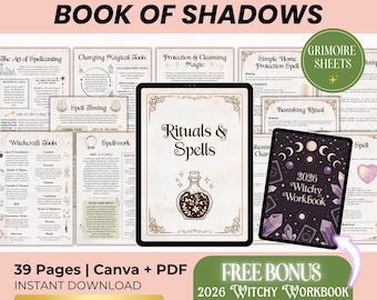 May include: Digital download of a "Rituals & Spells Book of Shadows" with 39 pages, including a free 2026 Witchy Workbook with 53 pages. The image features a tablet with the title and a potion illustration, plus other pages with spellcasting information.