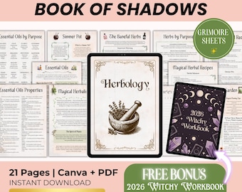 May include: Digital download of a "Herbology Book of Shadows" with a "2026 Witchy Workbook" bonus. The image shows a tablet with the word "Herbology" and a mortar and pestle illustration. Additional pages and text are visible.