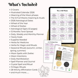 May include: A digital planner with a list of included features, such as an illustrated calendar, moon phases, astrological dates, tarot spread, and daily, weekly, and monthly planner. The image also shows a tablet displaying a calendar and other printed materials.