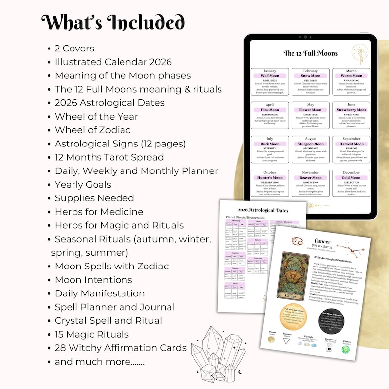 May include: A digital planner with a list of included features, such as an illustrated calendar, moon phases, astrological dates, tarot spread, and daily, weekly, and monthly planner. The image also shows a tablet displaying a calendar and other printed materials.