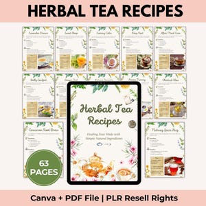 Może przedstawiać: Cyfrowy produkt z przepisami na herbaty ziołowe. Obraz przedstawia tablet z tytułem "Herbal Tea Recipes", otoczony kartami z przepisami. Karty prezentują różne przepisy na herbatę ze zdjęciami. Zielone koło wskazuje 63 strony.