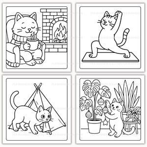 May include: Four black and white illustrations of cats. One cat is relaxing in a chair with a mug near a fireplace. Another cat is doing yoga. A third cat is near a tent. The last cat is decorating a plant.