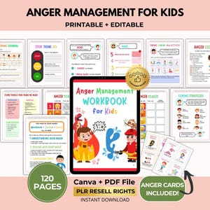 Pode incluir: Um recurso educacional para crianças, com um "Workbook de Gerenciamento da Raiva" em um tablet, cercado por planilhas e cartões imprimíveis. A capa do caderno apresenta ilustrações de uma criança em chamas e um bombeiro.