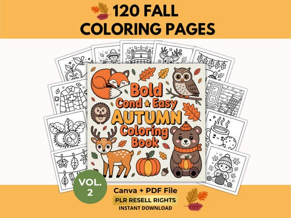 120 Fall Coloring Pages for Kids, Autumn Coloring Book, Canva + PDF, PLR Resell Rights