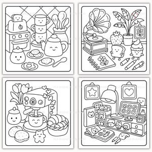 Pode incluir: Quatro ilustra&ccedil;&otilde;es em preto e branco de objetos fofos. A parte superior esquerda mostra itens de cozinha como torradeira, forno, bule e canecas empilhadas. A parte superior direita apresenta um gramofone, plantas e personagens de comida. A parte inferior esquerda tem uma m&aacute;quina de caf&eacute; e doces. A parte inferior direita mostra uma mesa com um computador e artigos de papelaria.