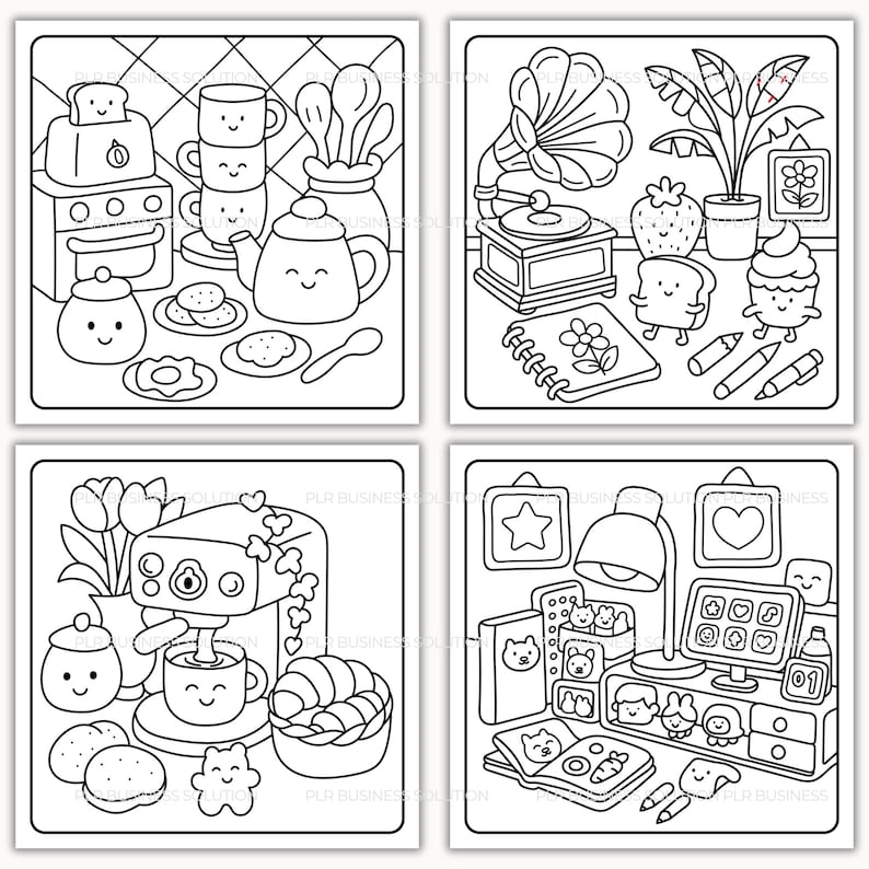 Pode incluir: Quatro ilustra&ccedil;&otilde;es em preto e branco de objetos fofos. A parte superior esquerda mostra itens de cozinha como torradeira, forno, bule e canecas empilhadas. A parte superior direita apresenta um gramofone, plantas e personagens de comida. A parte inferior esquerda tem uma m&aacute;quina de caf&eacute; e doces. A parte inferior direita mostra uma mesa com um computador e artigos de papelaria.