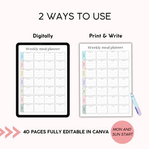 May include: A digital and printable weekly meal planner template with a pastel color scheme. The template is divided into seven days of the week and has space for meals and notes. The text "Weekly meal planner" is at the top of the template. The text "40 pages fully editable in Canva" is at the bottom of the template. The text "MON AND SUN START" is also at the bottom of the template.