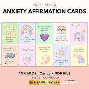 Schede di Affermazione per Affrontare l'Ansia con Diritti di Rivendita PLR, Schede di Mindfulness per Strumenti Terapeutici, Schede Arcobaleno per l'Ansia, Sollievo dallo Stress, Canva + PDF