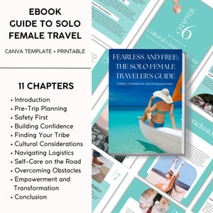May include: An ebook cover with a turquoise background and the title "Fearless and Free: The Solo Female Traveler's Guide" in white text. The subtitle is "Safety, Confidence, and Empowerment". The cover features a woman in a bikini and a sun hat sitting in a canoe on a turquoise ocean.