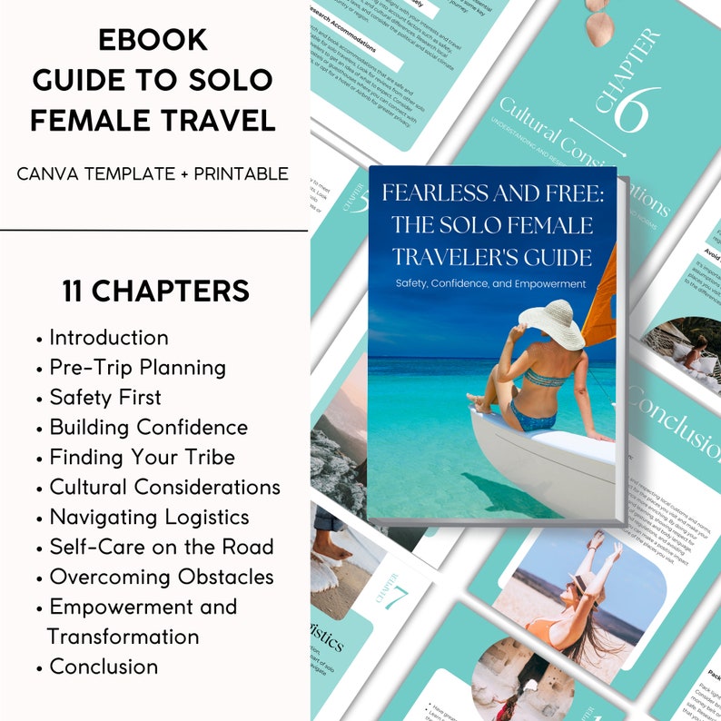 May include: An ebook cover with a turquoise background and the title "Fearless and Free: The Solo Female Traveler's Guide" in white text. The subtitle is "Safety, Confidence, and Empowerment". The cover features a woman in a bikini and a sun hat sitting in a canoe on a turquoise ocean.