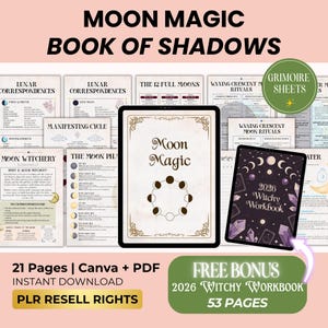 Peut inclure: Un produit numérique téléchargeable intitulé "Moon Magic Book of Shadows" et un "2026 Witchy Workbook". L'image présente des pages avec du texte et des graphiques sur les correspondances lunaires, les phases de la lune et les rituels. Le produit comprend 21 pages et un bonus gratuit de 53 pages.