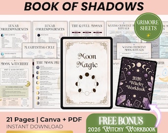 May include: A digital download product featuring a "Moon Magic Book of Shadows" and a "2026 Witchy Workbook." The image displays various pages with text and graphics related to lunar correspondences, moon phases, and rituals. The product includes 21 pages and a free bonus of 53 pages.