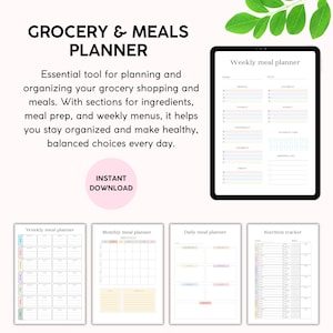 May include: A digital planner for grocery shopping and meal planning. The planner includes sections for weekly menus, meal prep, and a nutrition tracker. The planner is available for instant download.