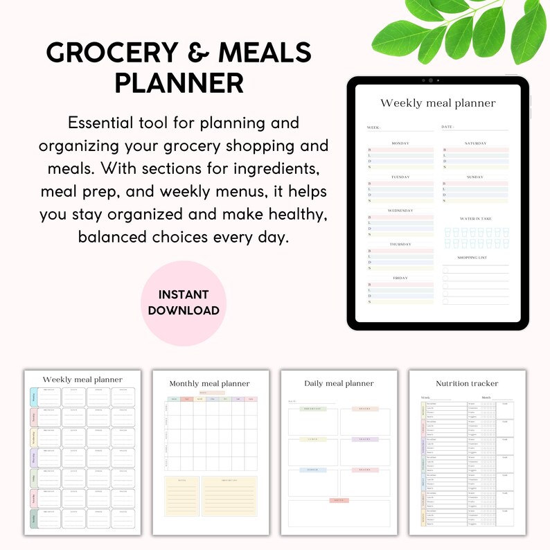 May include: A digital planner for grocery shopping and meal planning. The planner includes sections for weekly menus, meal prep, and a nutrition tracker. The planner is available for instant download.