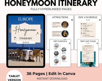 Plantilla de itinerario de luna de miel con derechos de reventa PLR, lista de verificación de viaje, versión para tablet, editable en Canva.