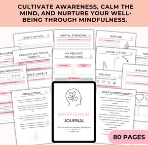 May include: A pink and white mindfulness journal with a black and white illustration of a head with leaves on it. The journal cover says "Mindfulness Journal" and "There are no mistakes, only opportunities to learn and grow." The journal has 80 pages.