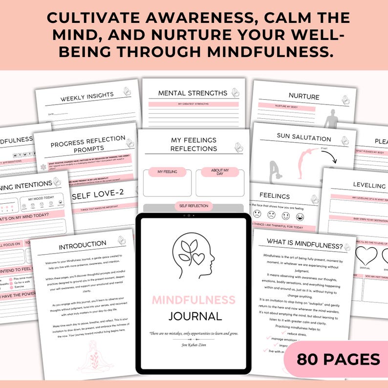 May include: A pink and white mindfulness journal with a black and white illustration of a head with leaves on it. The journal cover says "Mindfulness Journal" and "There are no mistakes, only opportunities to learn and grow." The journal has 80 pages.