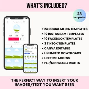 May include: A mockup of a social media post with a green, blue, and white color scheme. The post includes a landscape image with green hills and white clouds. The text "WHAT'S INCLUDED?" is at the top of the image. The text "23 templates" is in a pink circle at the top right of the image. The text "THE PERFECT WAY TO INSERT YOUR IMAGES/TEXT YOU WANT SEEN" is at the bottom of the image.
