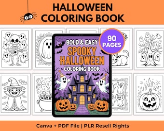 Halloween Coloring Book for Kids, 90 Pages + 6 Covers, Canva Template + PDF, PLR Commercial Use, Spooky Printable Bundle