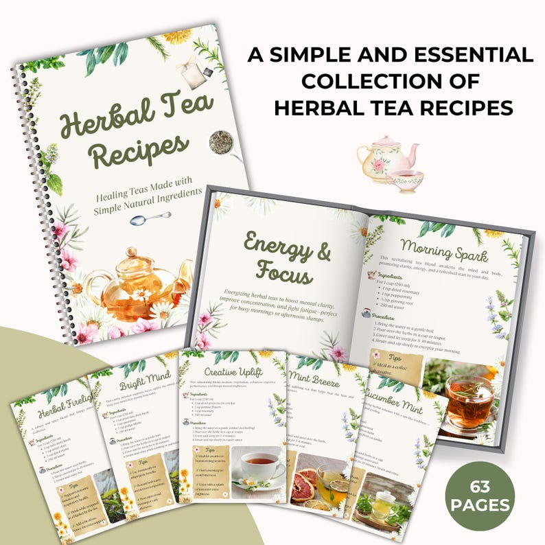 Pode incluir: Um livro de receitas intitulado "Herbal Tea Recipes" com ilustra&ccedil;&otilde;es florais e uma chaleira. O livro est&aacute; aberto, exibindo receitas, com cart&otilde;es de receitas adicionais. O texto "63 P&aacute;ginas" tamb&eacute;m &eacute; vis&iacute;vel.