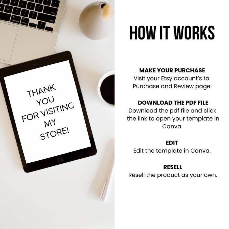 May include: A white laptop screen with the text "Thank You For Visiting My Store!" on a white surface. A white pen and a cup of coffee are also on the surface. The text "How It Works" is on the right side of the image. The text below "How It Works" describes the steps to purchase, download, edit, and resell a digital product.