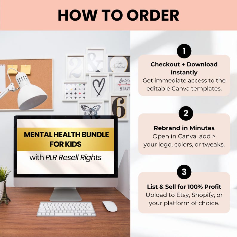 May include: A desktop computer displays "MENTAL HEALTH BUNDLE FOR KIDS" with "PLR Resell Rights." The image shows a step-by-step guide: Checkout, Rebrand, and List & Sell. The background includes framed art and a desk lamp.