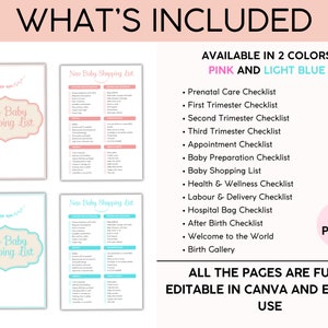 May include: Printable checklist for new parents. The checklist includes 30 pages with a pink and light blue color scheme. The checklist includes prenatal care, first trimester, second trimester, third trimester, appointment, baby preparation, baby shopping, health and wellness, labor and delivery, hospital bag, after birth, welcome to the world, and birth gallery checklists. The checklist is fully editable in Canva and easy to use.