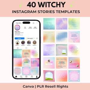 May include: A digital product showcasing 40 witchy Instagram story templates. The image includes a smartphone displaying an Instagram profile and examples of the templates with pastel backgrounds and text. The text on the image reads "40 Witchy Instagram Stories Templates".