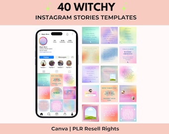 May include: A digital product showcasing 40 witchy Instagram story templates. The image includes a smartphone displaying an Instagram profile and examples of the templates with pastel backgrounds and text. The text on the image reads "40 Witchy Instagram Stories Templates".