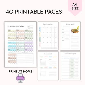 May include: Printable planner pages for meal planning and tracking. Includes a weekly food tracker, calorie tracker, recipe lunch page, recipes card, and favorite recipes page.  The pages are designed with a light pink, blue, and green color scheme.